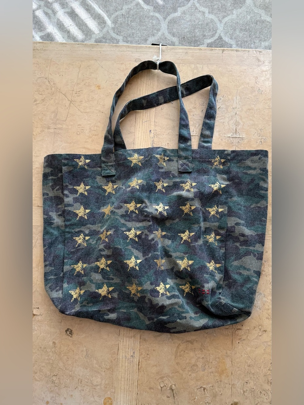 Peace Love World Camouflage Tote with Gold Star Print